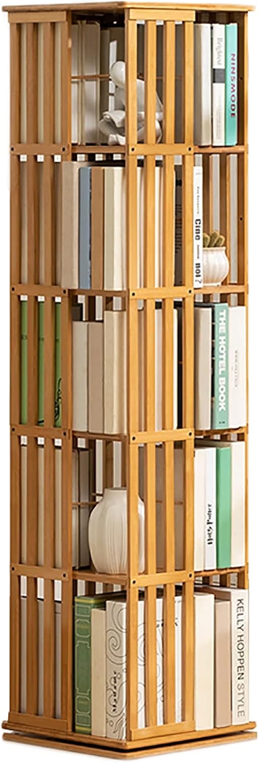 Bamboo Bookcase, 360° Rotating 5 Tier Student Bookshelf, Simple Magazine Display Storage Shelf for Home Office Decor (Color : Wood Color, Size : 5 Layer(37x37x149cm))
