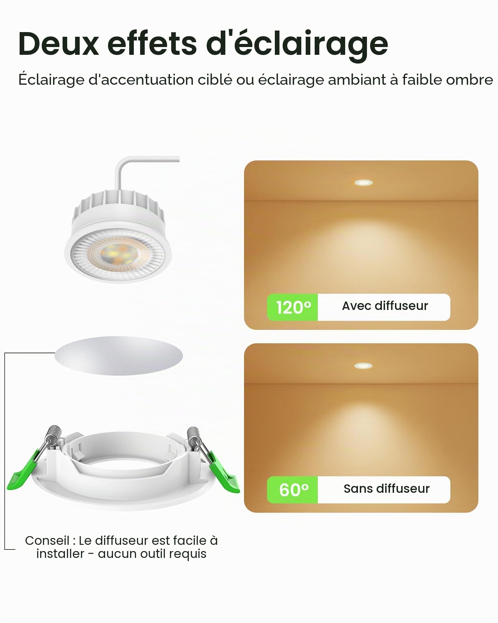 ALUSSO Lot de 6 spots LED encastrables - 230 V - 76 mm - Inclinaison 6 W - 25 mm - 3 CCT - Blanc chaud 3000 K - Blanc naturel 4000 K - Blanc froid 6500 K - Amovible - Intensité variable