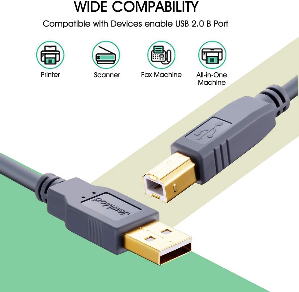 JewMod Printer Cable 20 ft, USB Printer Cable USB 2.0 Type A Male to Type B Male Printer Scanner Cable for HP, Canon, Lexmark, Epson, Dell, Xerox, Samsung etc.