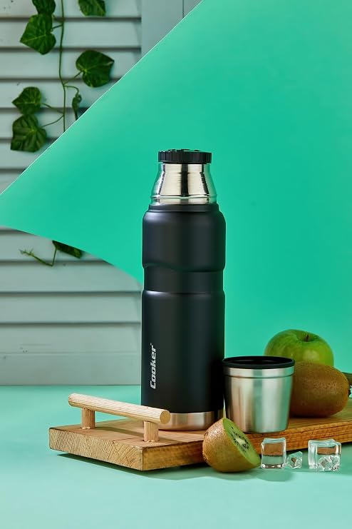Cooker 500 ML Çift Kat Sızdırmaz Paslanmaz Çelik Termos, Siyah, 12 Saat Sıcak 24 Saat Soğuk Koruma