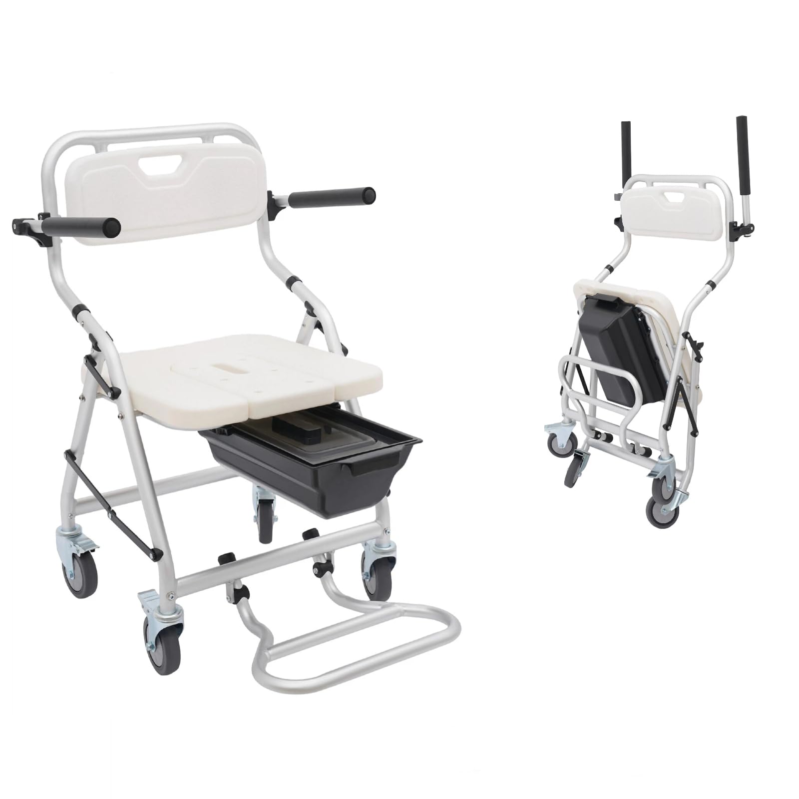 Silla de ruedas de ducha para personas mayores, silla de ruedas de baño plegable con reposapiés elevables y reposabrazos, silla de ruedas con inodoro, capacidad de carga de 150 kg