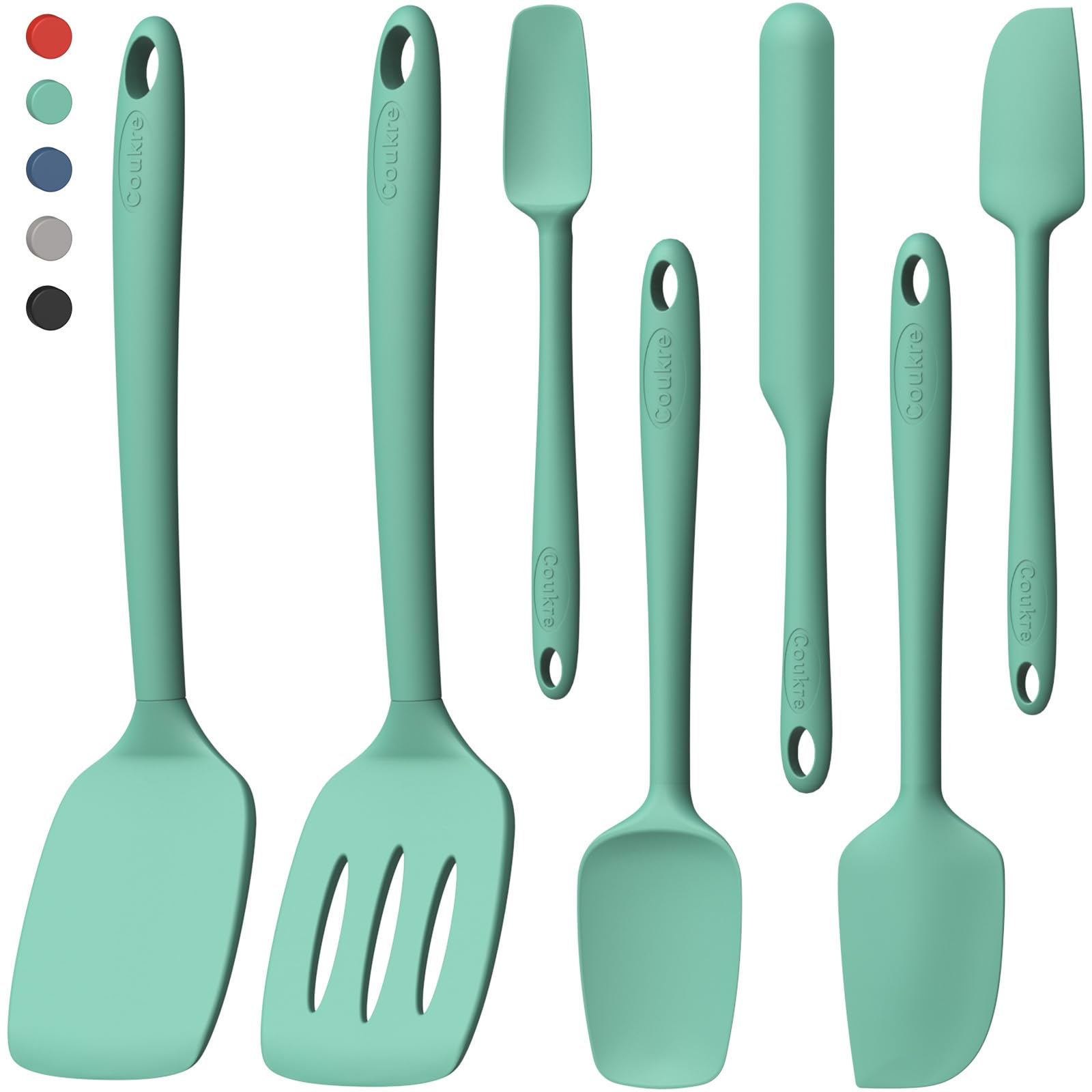Coukre Silicone Spatula Set of 7, BPA Free Food Grade Silicone Cooking Utensils, Heat Resistant Kitchen Tools for Nonstick Cookware, Dishwasher Safe Spatulas for Cooking and Baking（7,PureAquaGreen）
