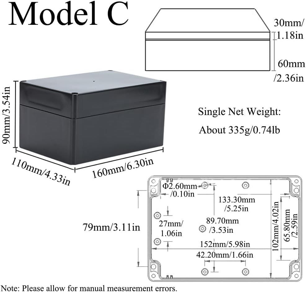 TopHomer 2 PCS Project Box IP65-Waterproof Junction Box ABS Plastic Black Electrical Boxes DIY Electronic Project Case Power Enclosure with Fixed Ear (Model C)
