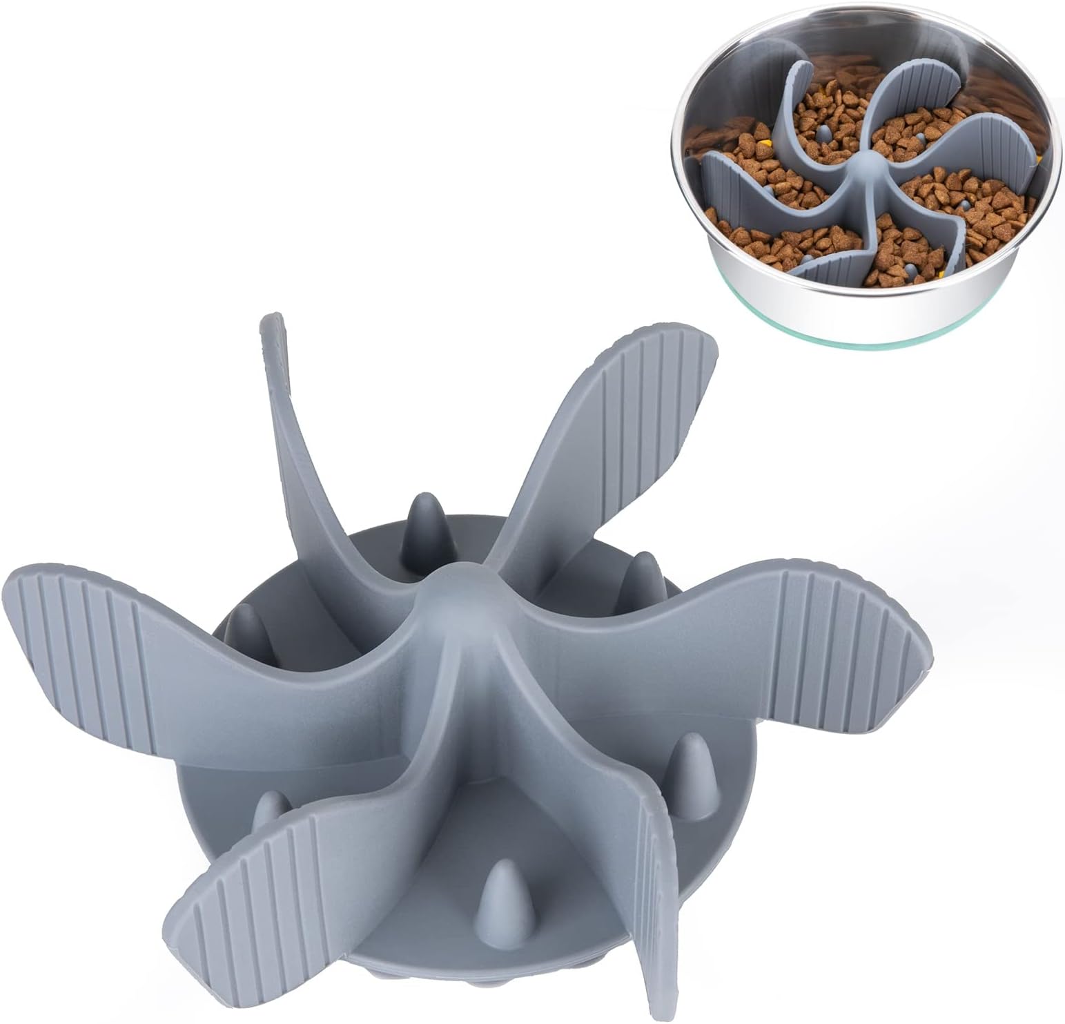 Slow Feeder Dog Bowls Insert [Octopus Suction Cups] Super Firm Slow Eating Dog Bowl [Cuttable] for Large Breed and Medium Size Dog Compatible with Regular and Elevated Dog Bowls (Spiral)