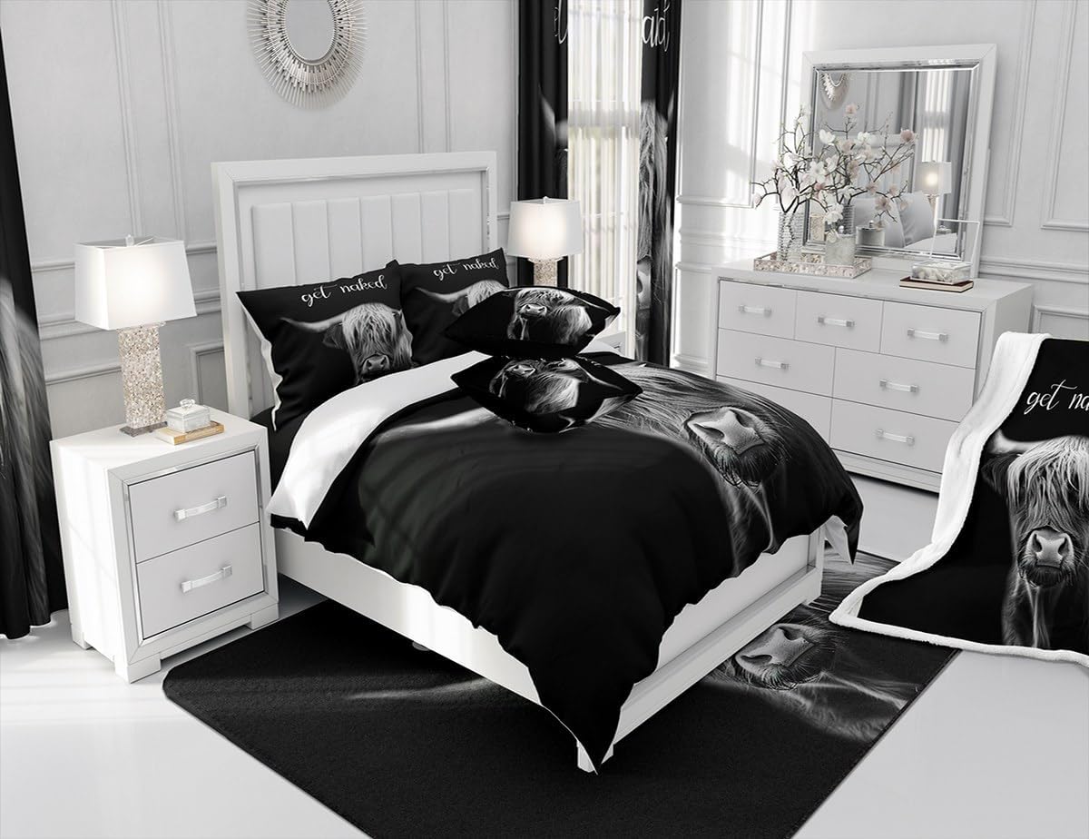Cute Highland Cow Duvet Cover Set Queen Size,Funny Get Naked Quotes Bedding Set 3Pcs,Kids Teens Women Men Room Decor,Rustic Farm Animals Comforter Cover Modern Black Grey Quilt Cover,2 Pillowcases