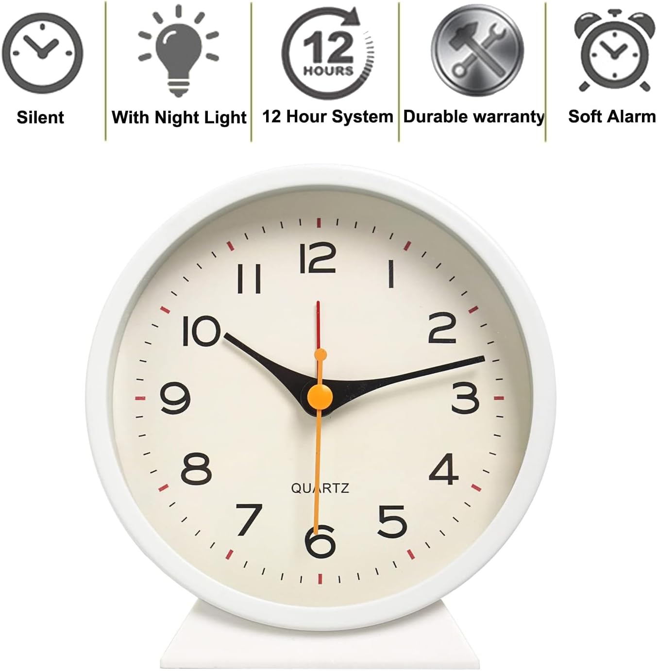 SHISEDECO 4.5" Battery Operated Antique Retro Analog Alarm Clock, Small Silent Bedside Deskclock with Light Function, Non-Ticking Tableclock Decor for Living Room, Bedroom, Bedside, Shelf (White)