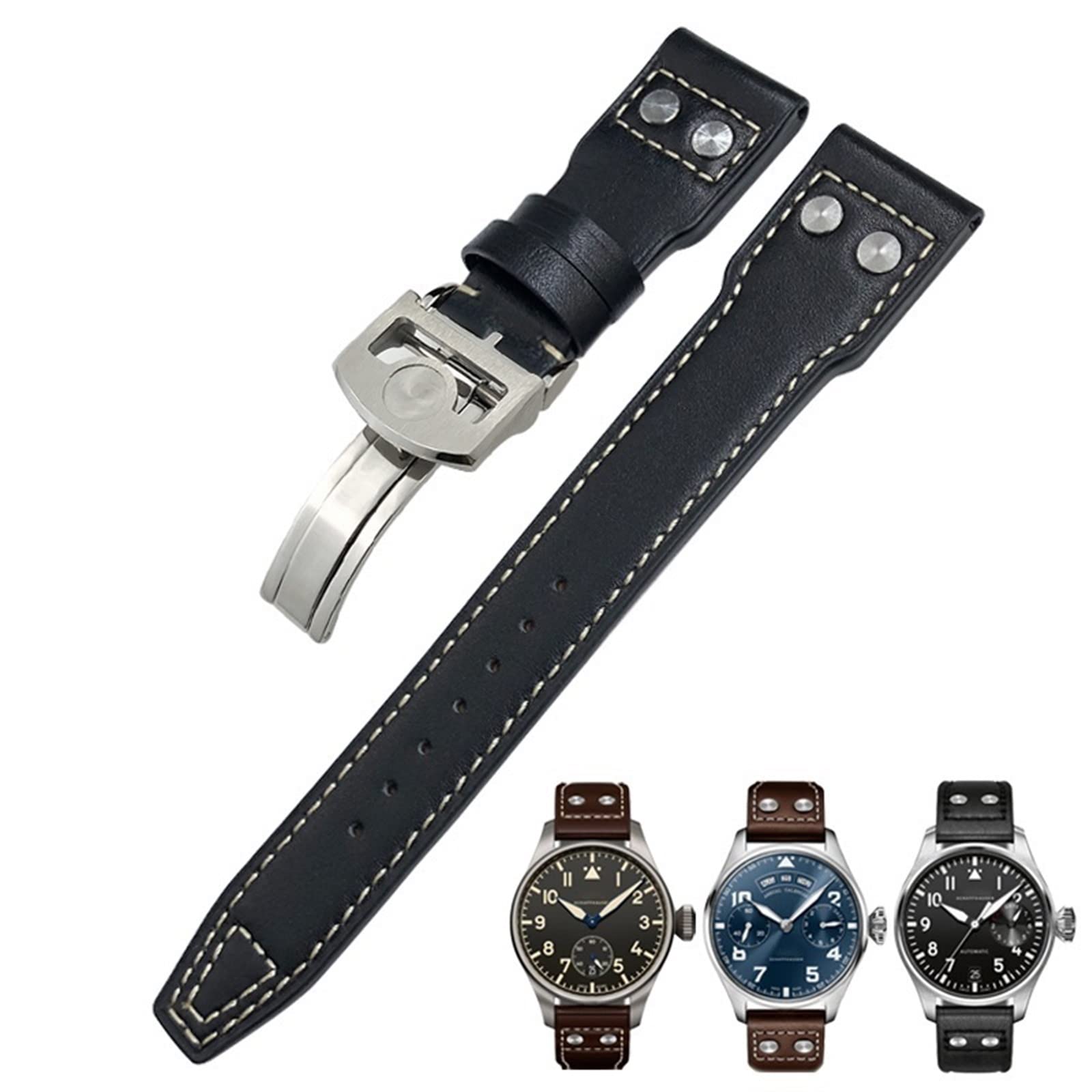 Cinturino in vera pelle con rivetti da 20 mm adatto per IWC Big Pilot TOP GUN Watch IW3777 cinturino in pelle di vitello, Rose Buckle, agata