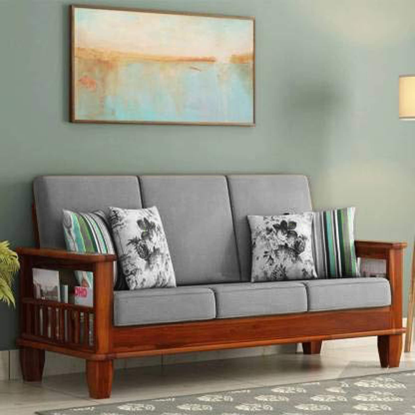 Pooja Wood Decor Solid Sheesham Wood 3 Seater Sofa for Living Room & Drawing Room | Hallway & Office | Honey Finish