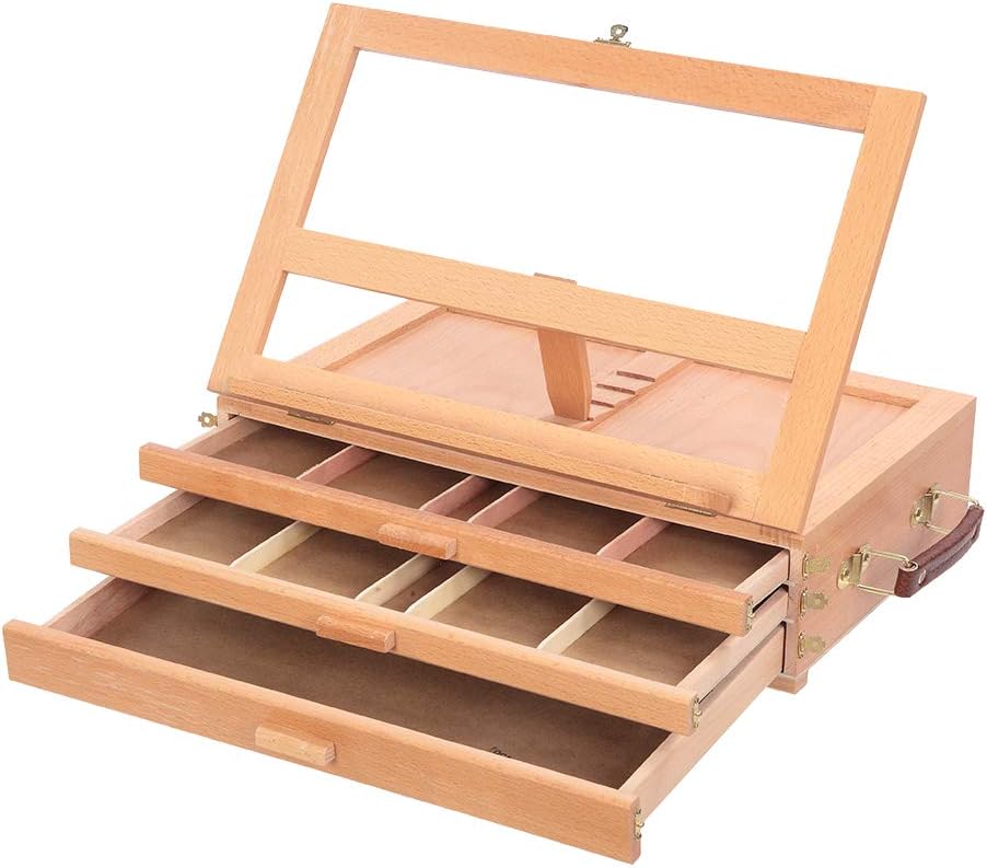 Crazyworld Tabletop Art Easel, Portable Beech Easel Displaying Stand, Adjustable Wood Table Sketchbox Easel, Desktop Artist Easel with 3 Layers Drawer