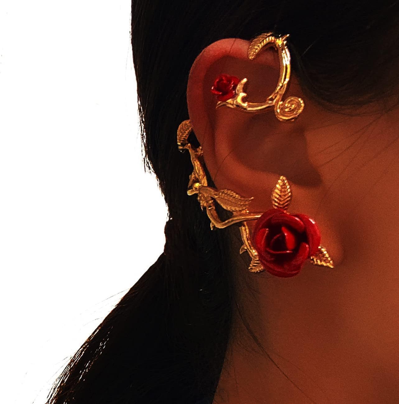 1Pcs Rose Flower Ear Crawler Climber Stud Earrings for Women Leaf Ear Cuff Elf Clip Wrap Earrings - Image 6