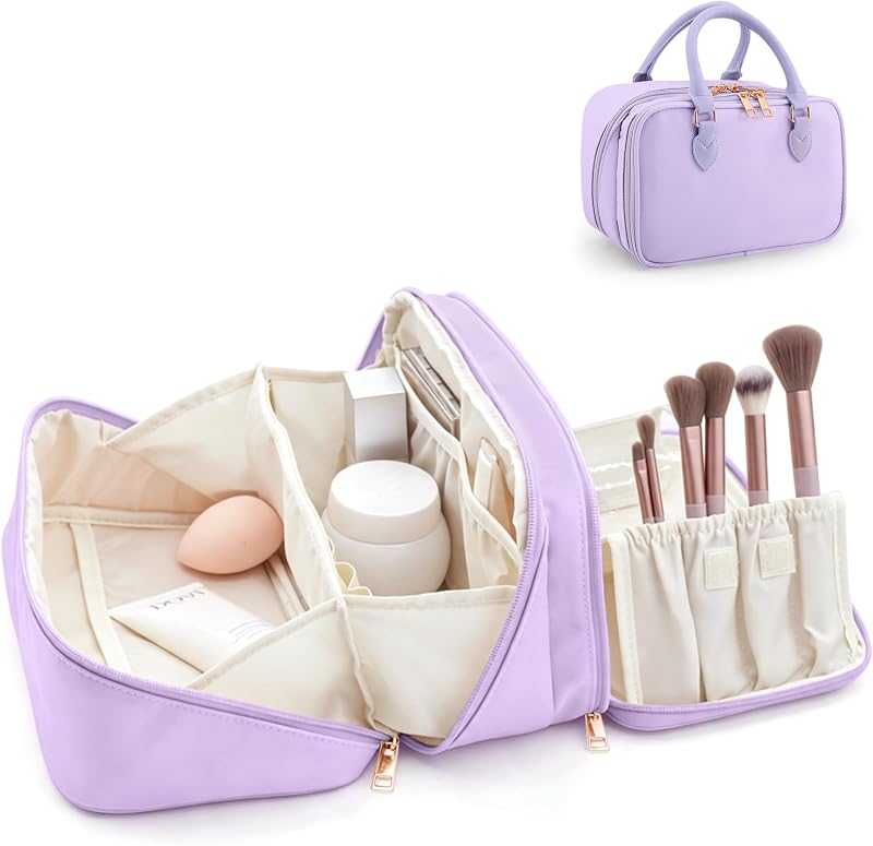 Necessaire HauteHues para maquiagem e artigos de higiene, roxa, com 3 compartimentos