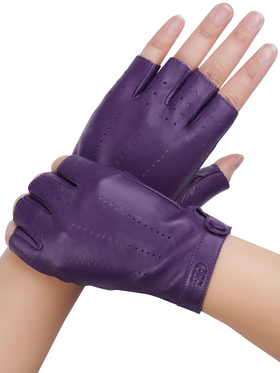 GSG SINCE 1998 Mitaines femme cuir d’agneau sans doigts | Gants sans doigts femme en cuir d’agneau non doublé, détails perforés, bouton-pression : conduite, voiture, look chic