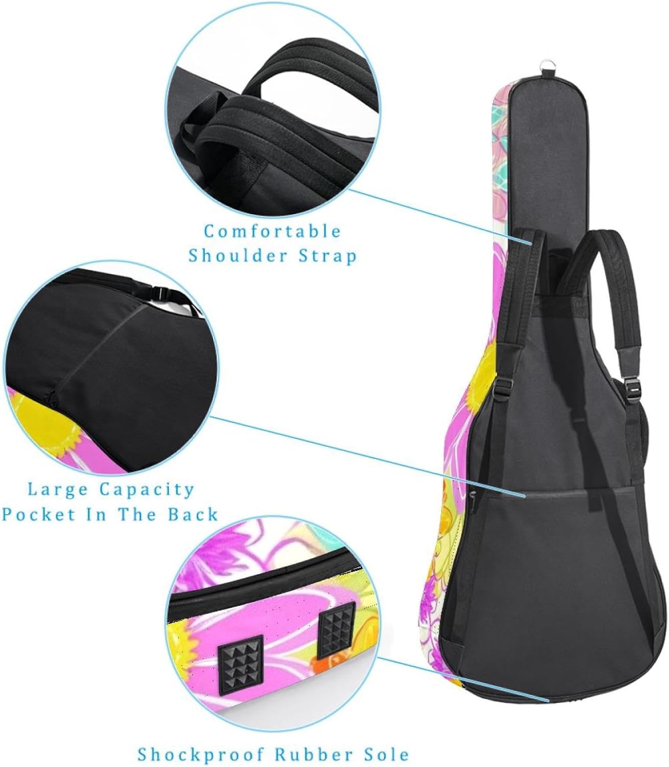 Aesthetic Art Flower Guitar Bag 40 41 42 In 2 Pockets Guitar Case Waterproof Guitar Case Resistent Oxford Cloth 0.4 In Extra Thick Sponge Padded for Acoustic Guitar