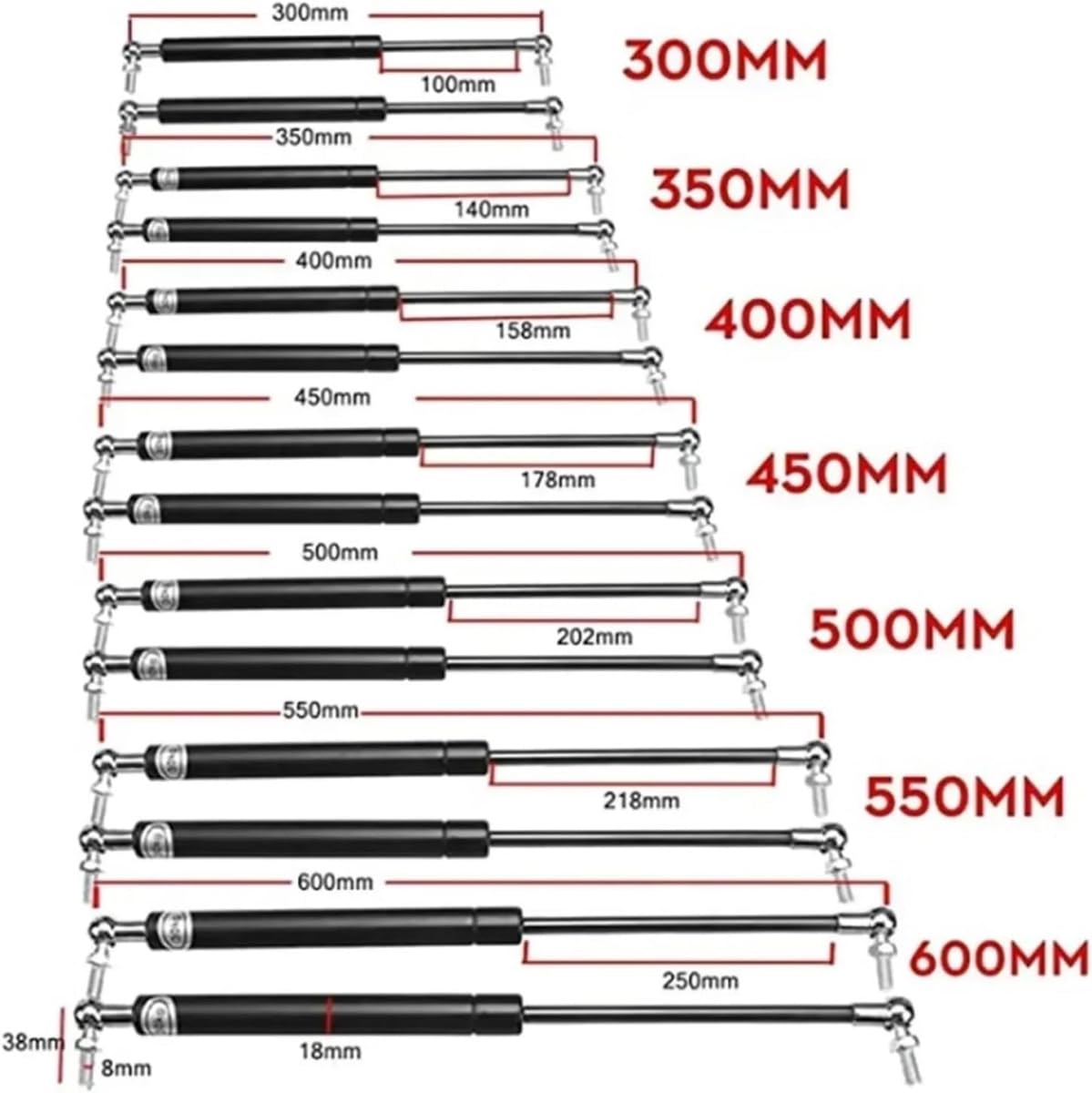 System wsporników podnoszących, 2-częściowy, 300-600 mm, 300 N, uniwersalna podpórka podnosząca do maski silnika, tylnej klapy bagażnika, klap tylnych, amortyzatorów, sprężyny gazowej