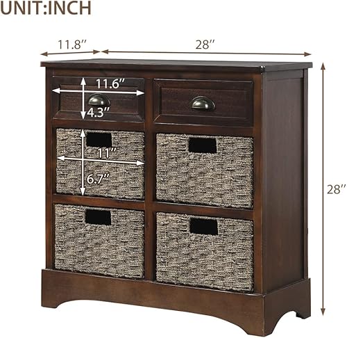 Miniatura 22 de Armario de almacenamiento rústico con dos cajones y cuatro cestas clásicas de ratán, mesa de consola de entrada de granja, mesa de sofá para sala de