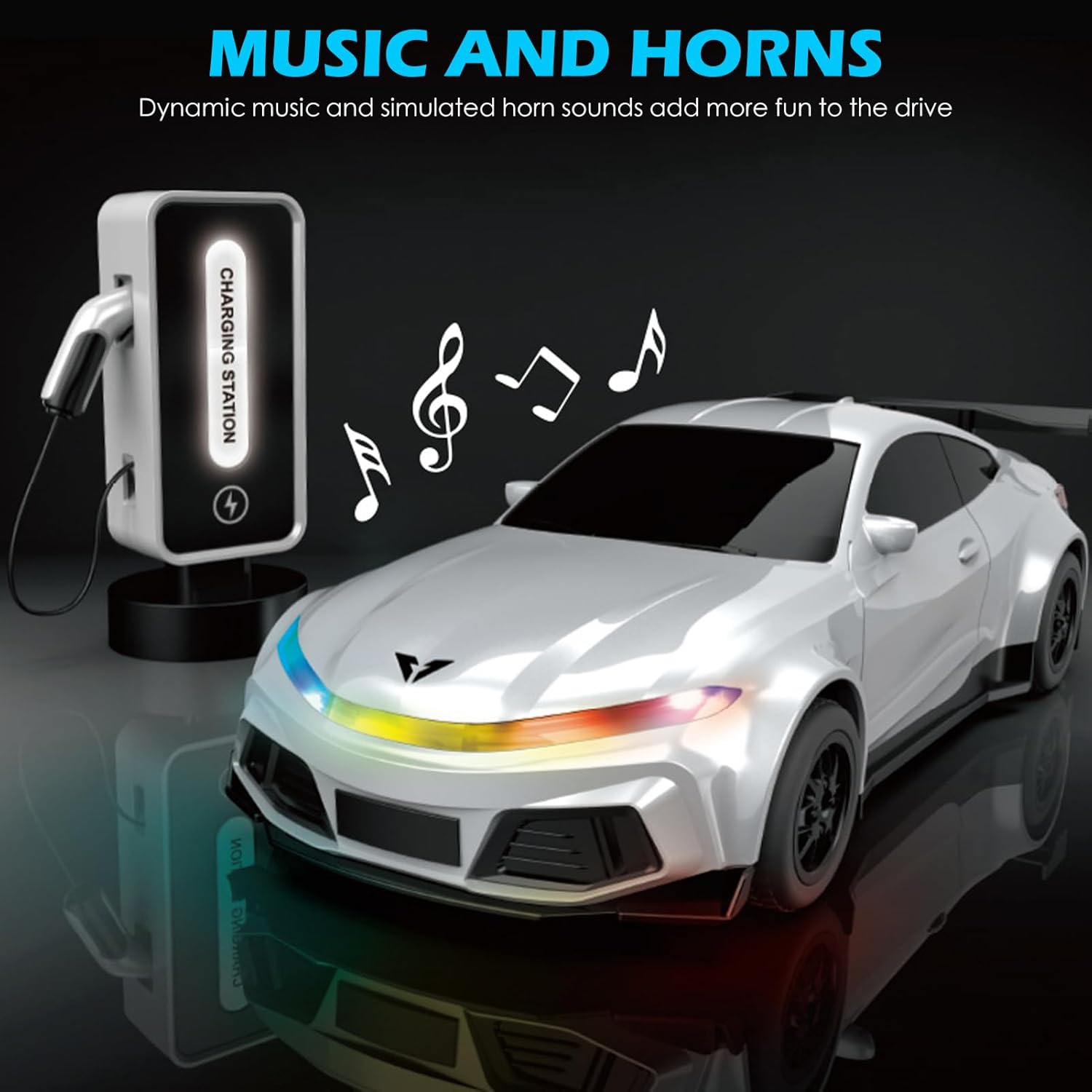 Remote Control Car, 2.4GHz 1:16 TypeC New Energy Sports Car with Charging Post, Automatic Parking, LED Lights and Music, Hobby RC Car Gift for Adults Teen