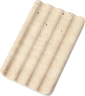 Koville Natural Travertine Soap Dish for Bathroom Shower, Marble Soap Tray Travertine Dish for Bathroom, Stone Soap Tray for Sink, Stripe Grooves Soap Saver Keep Soap Bars Dry Easy Clean