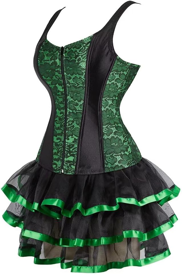 Jutrisujo Corsets Dresses Bustier Zipper Pleated Layered Tutu Skirt Set Women Lace Plus Size Costume Halloween