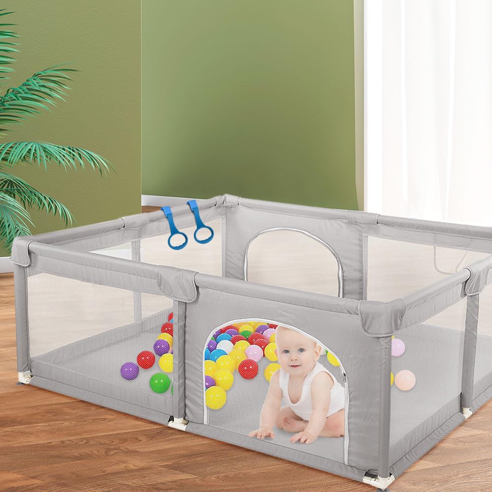 Homewell Parque para bebé, Parque de bebé seguro 150 x 200 cm, zona de juego con 2 accesos laterales con cremallera y alfombras, barrera para bebés de juegos, bolsa de transporte, color gris