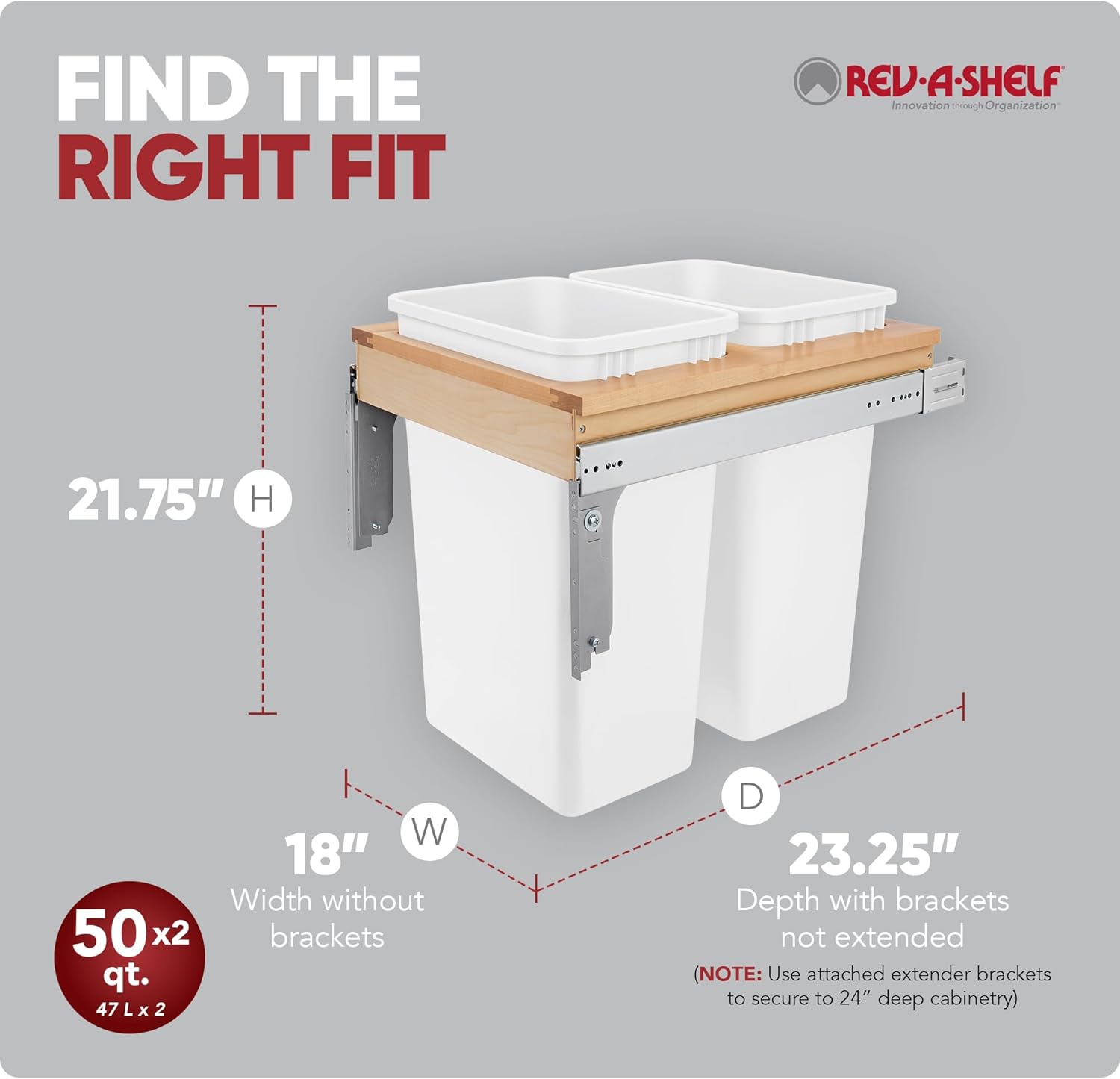 Rev-A-Shelf Top Mount Double Pullout Under Cabinet 50 Quart Kitchen Trash Cans for Full Height Cabinet, 150 Pound Rated Full-Extension Slides, 4WCTM-2150DM-2