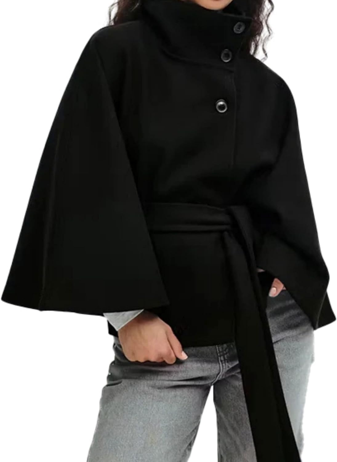 Hooever Women Batwing Sleeve Ponchos Pea Coat Wool Bland Stand Collar Jacket Winter Cropped Overcoat