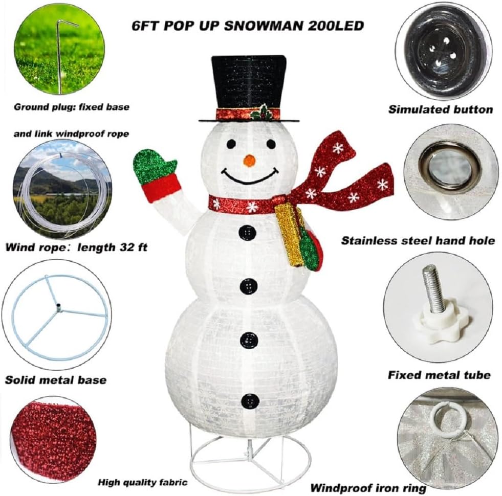 180cm 特大 クリスマス 飾り 雪だるま イルミネーション LEDライト付き 屋外・屋内用 折り畳み 玄関 庭 子供部屋 保育園