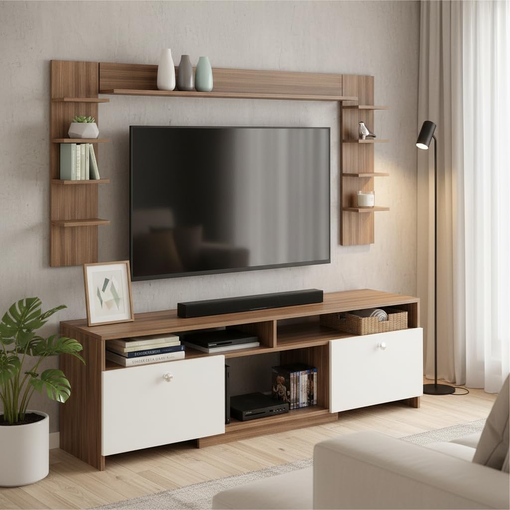 FURNEASER Samnor Engineering Wood Floor TV Cabinet/Entertainment Unit/Set Top Box Stand/TV Table with Storage & Display Shelves (Exotic Teak) for 65 Inch TV Screen (Exotic Teak & White)-image-24