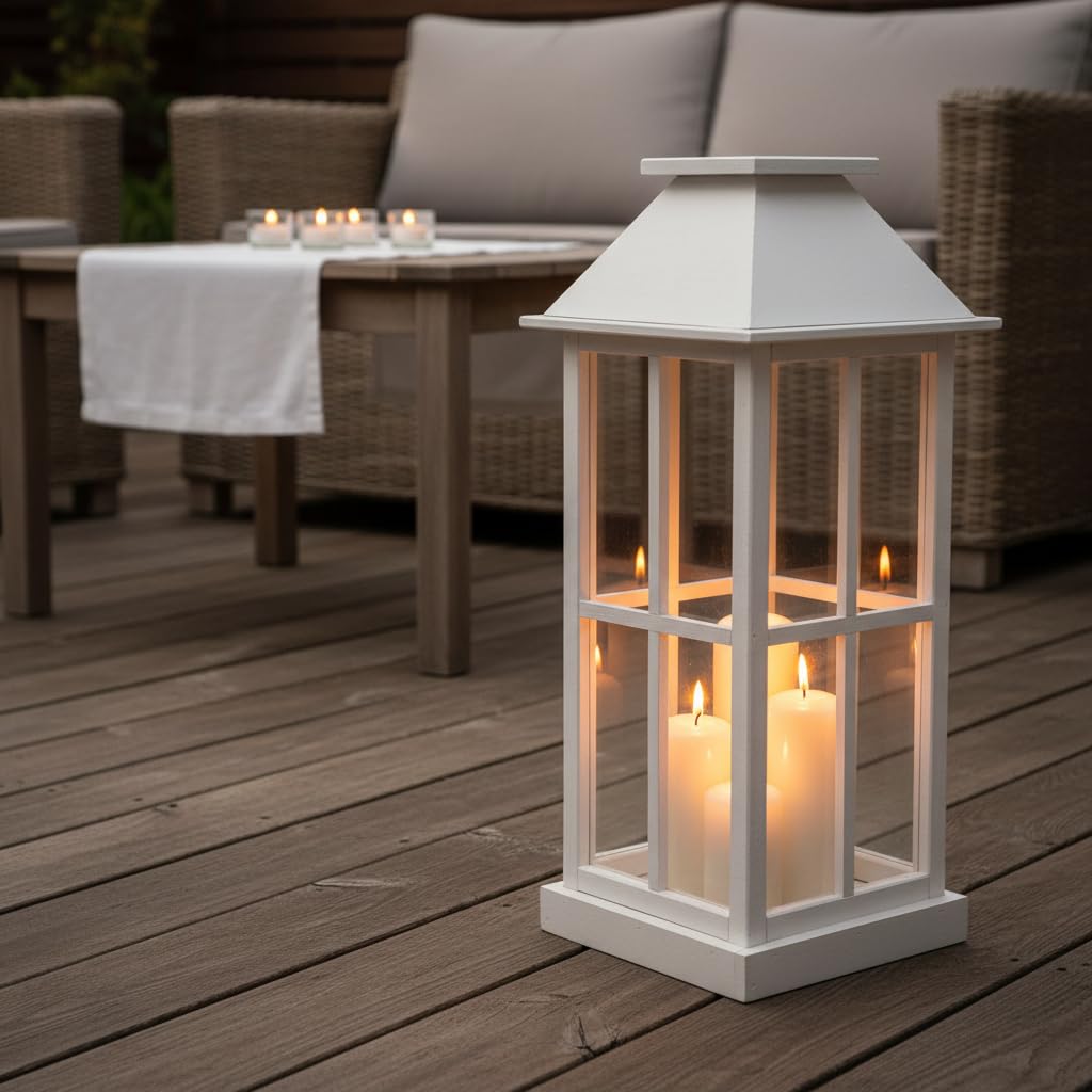 WEECO Farolillo grande de madera blanca de 74 cm – Elegante lámpara decorativa con plexiglás para salón, balcón, terraza y jardín