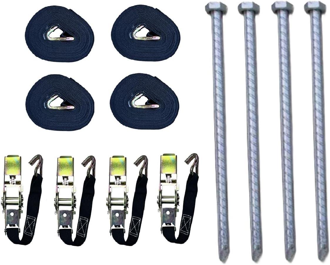 Safety Pack (Including 4 Storm Pegs, 4 Ratchets, and 4 Tie-Down Straps) - Heavy Duty Steel Tent Stakes, Versatile Ground Spikes to Anchor Party Event Wedding Tents, and Outdoor Camping Tent