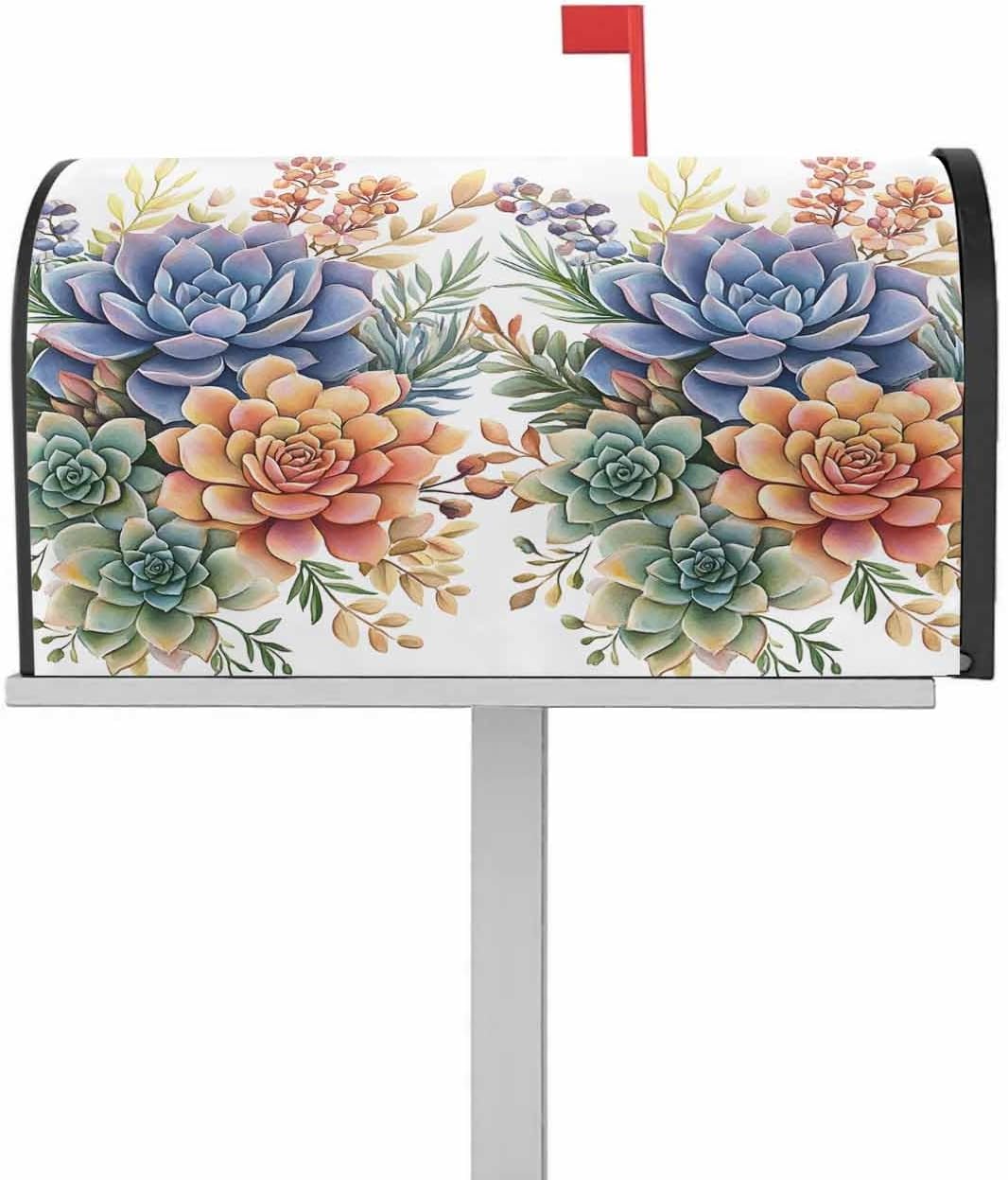 Spring Floral Succulents Mailbox Covers Magnetic Standard Size, Watercolor Botanical Summer Decorative Post Letter Numbers Box Wrap Decoration Covers Large Accessories for Garden Yard Outdoor Décor