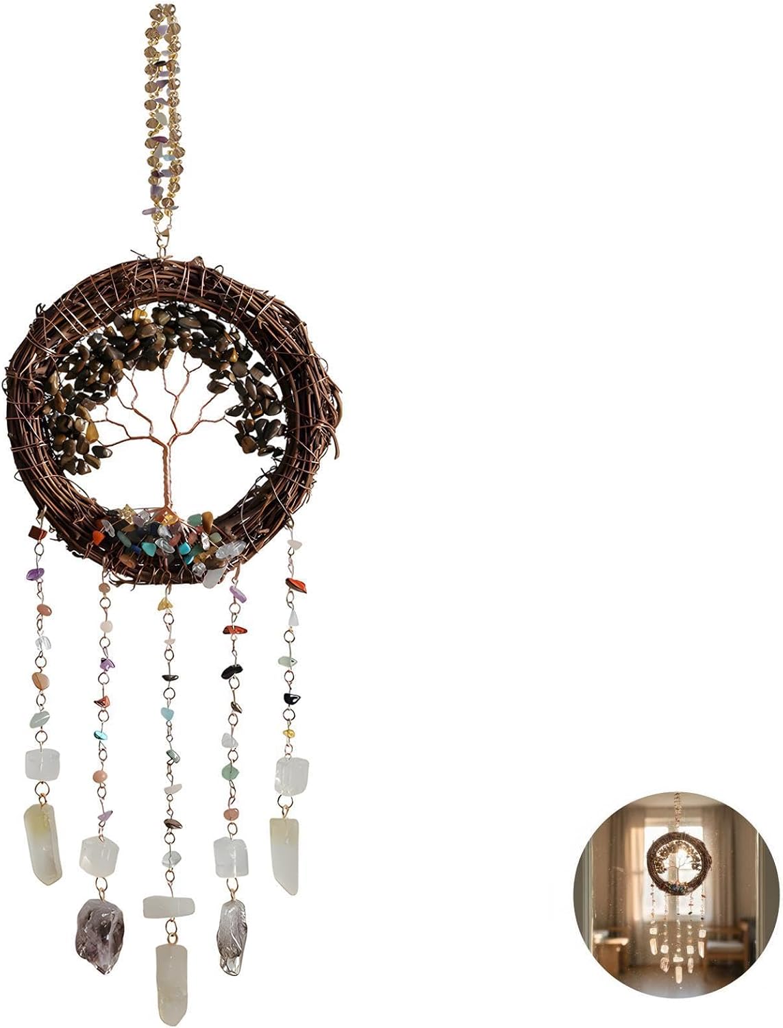 Handcrafted Rattan Wreath, Crystal Stone Wind Chime, Natural Rattan Wall Hanging for Window Decor, Spiritual Home Art Present, 9.8 X 6.7 X 2.0 in