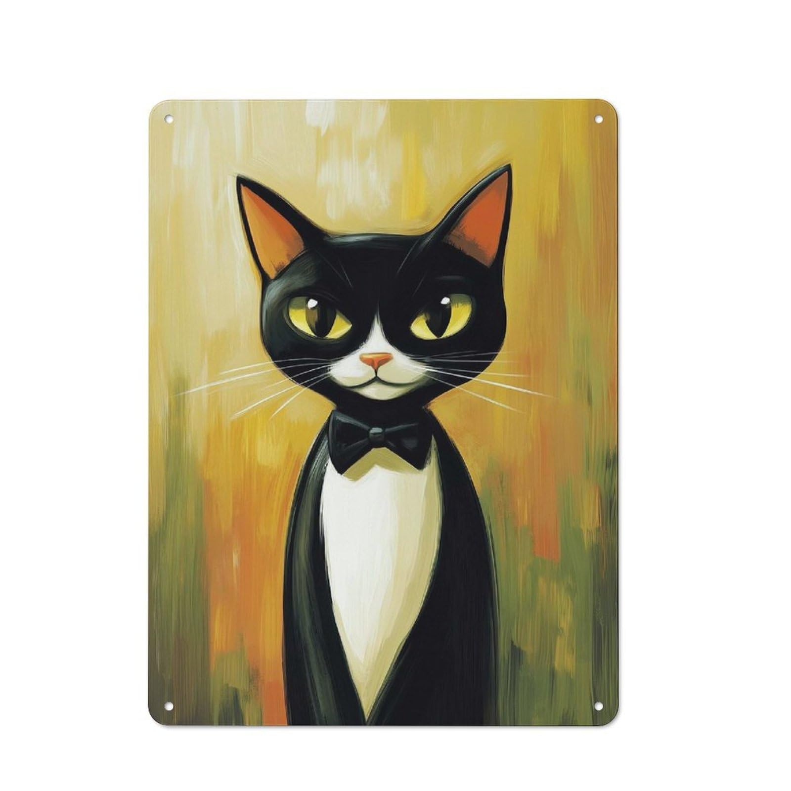 Junmoney Style-21 Black Cat In Bowtie Rustic Printed Metal Sign 40X30cm For Bar Or Restaurant, For Bar Decor Enthusiasts