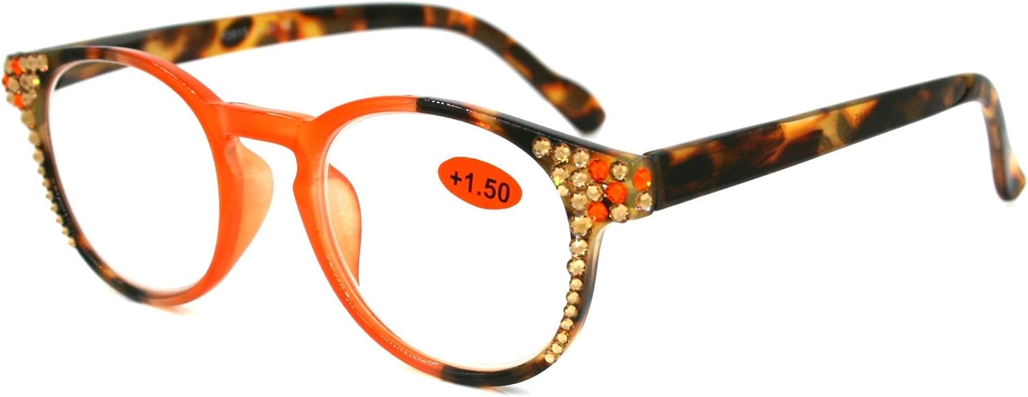 Zora, Round, Bling Reading Glasses For Women, Adorned w Genuine European Crystals. Tortoiseshell and : Snow Leopard, Black Diamond NY Fifth Avenue.