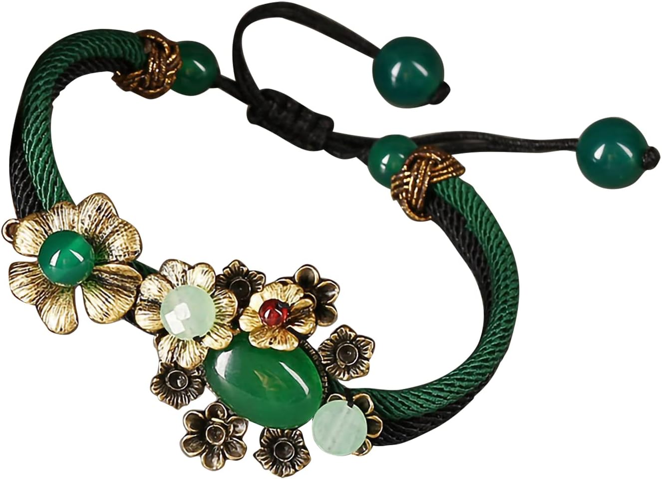 Vintage Prosperity Flowers Jade Beaded Bracelet, Adjustable Rope Lucky Beads Wrap Charm Bracelet for Women Lovers Gift