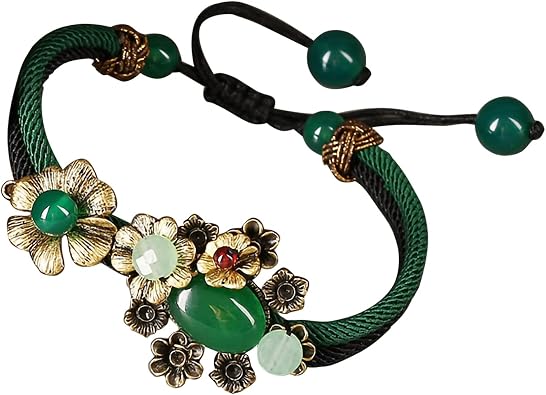 Vintage Prosperity Flowers Jade Beaded Bracelet, Adjustable Rope Lucky Beads Wrap Charm Bracelet for Women Lovers Gift