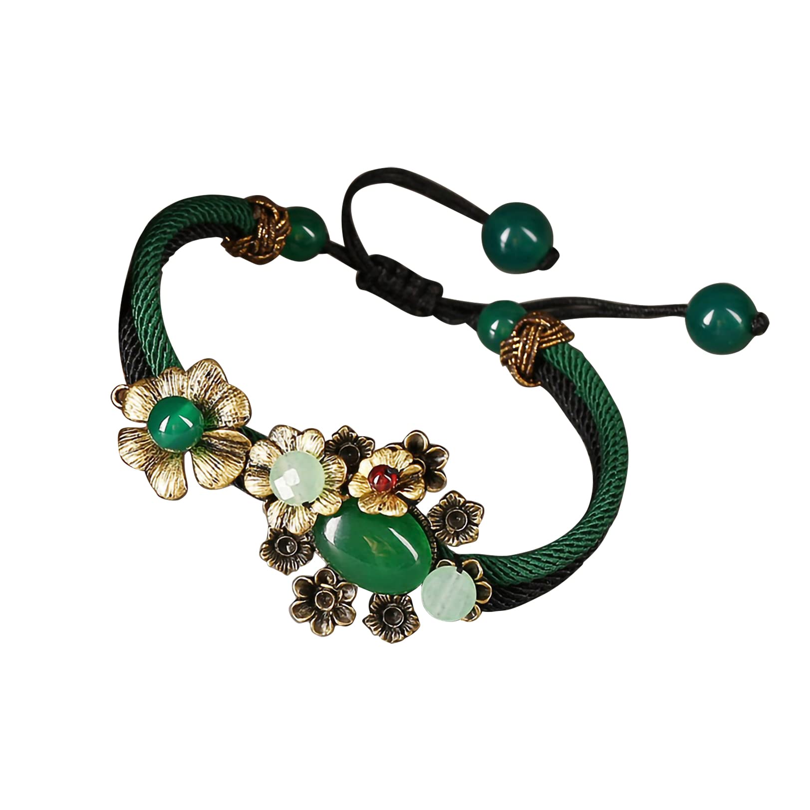 Xgimas Vintage Prosperity Flowers Jade Beaded Bracelet, Adjustable Rope Lucky Beads Wrap Charm Bracelet for Women Lovers Gift, Adjustable, colored jade, dongling jade