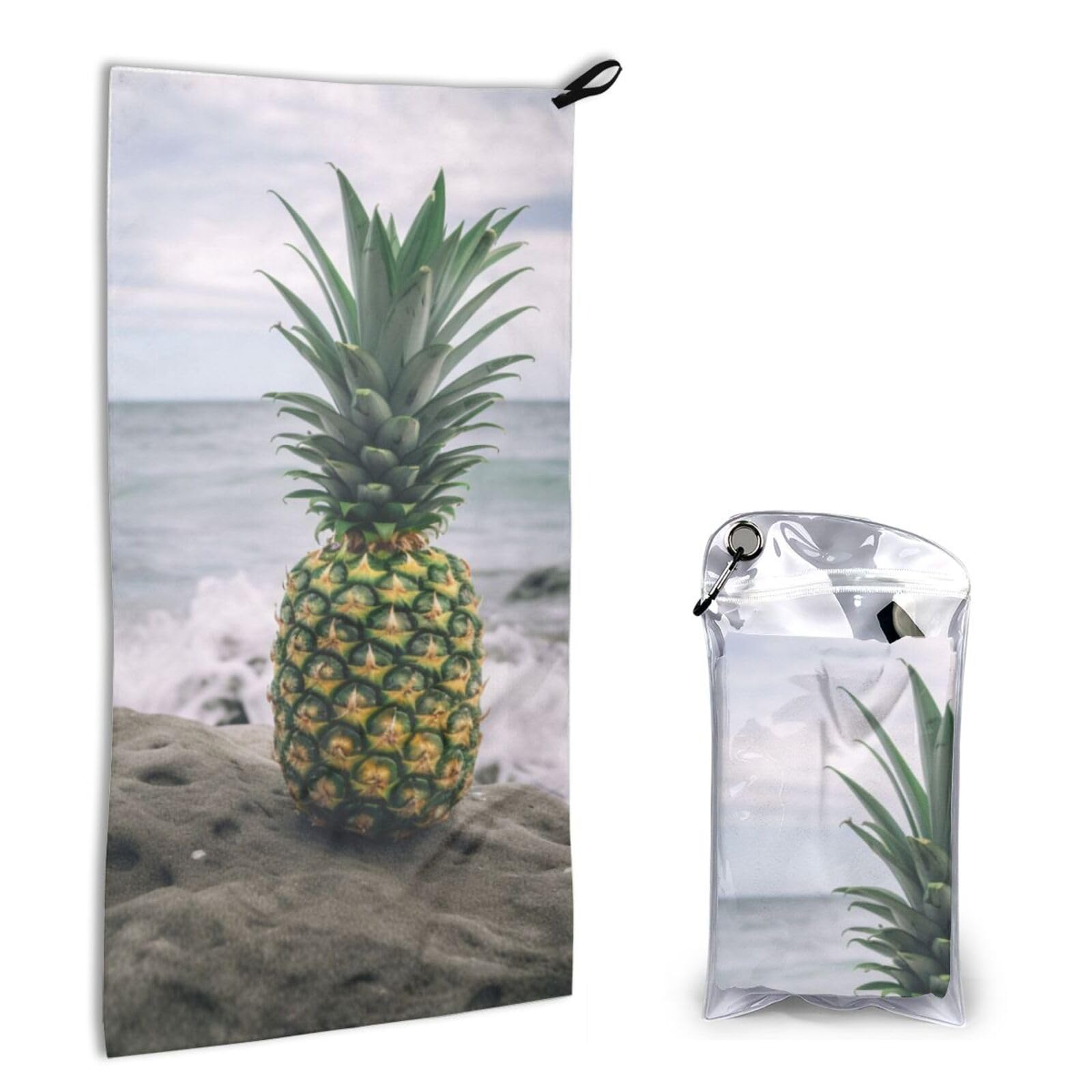BWWHCCTI Quick Dry Hand Towel With Bag - Green Pineapple in Seaside Printed Super Absorbent Face Cloth Microfiber Travel Sports Towels 40x80cm