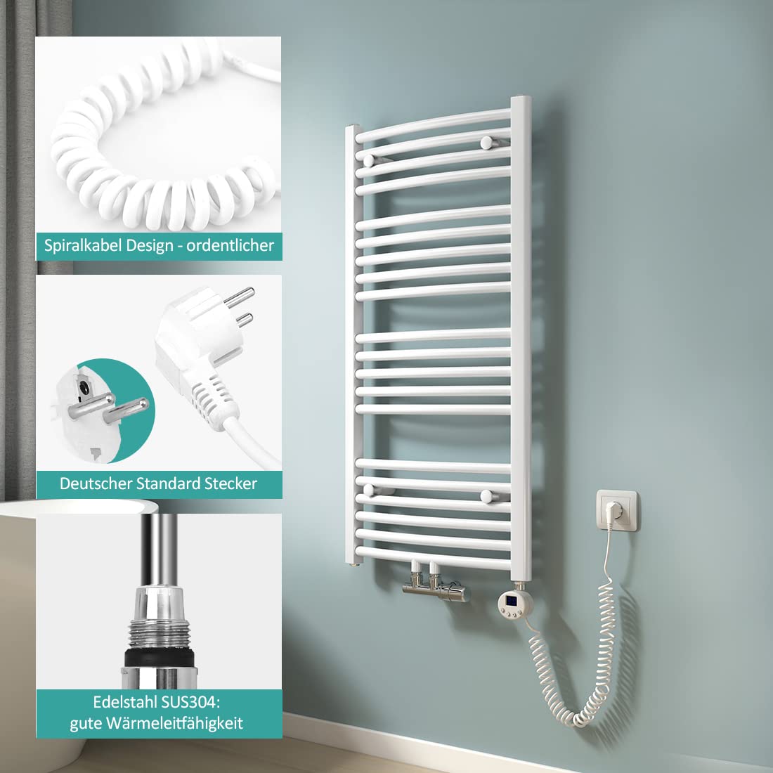 EMKE Barra de calefacción con termostato para radiador de baño, 300 W, Cartucho de calefacción de Acero Inoxidable para radiadores, Toallas, Calentador de Toallas, eléctrico, Color Blanco