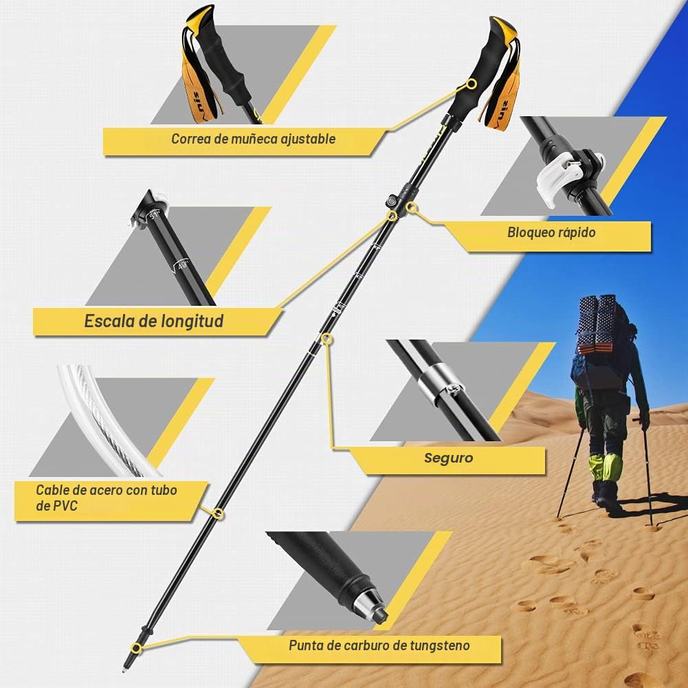 Glymnis Bastones de trekking plegables y antigolpes, 110-130 cm, 5 secciones de aluminio 7075, mango de EVA, punta de carburo de tungsteno para senderismo, 1 par