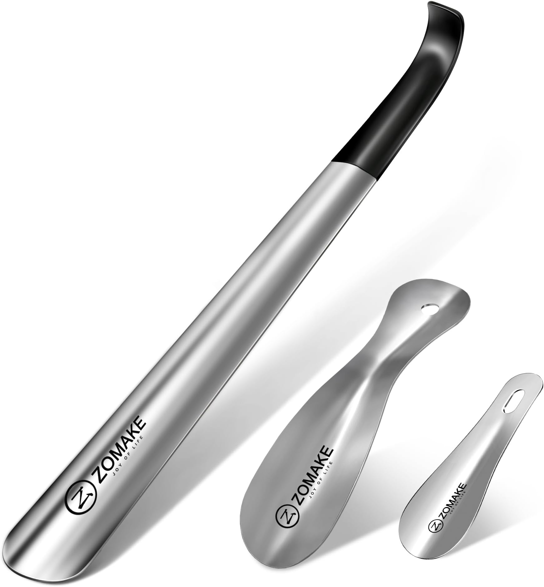 ZOMAKE 3 Pack Metal Shoe Horn - Stainless Steel Shoehorn Long Handle 42 CM Travel Shoes Helper Stick 19 CM Small Mini Shoe Spoon Lifter 10 CM for Men Women Seniors Kids (Silver)