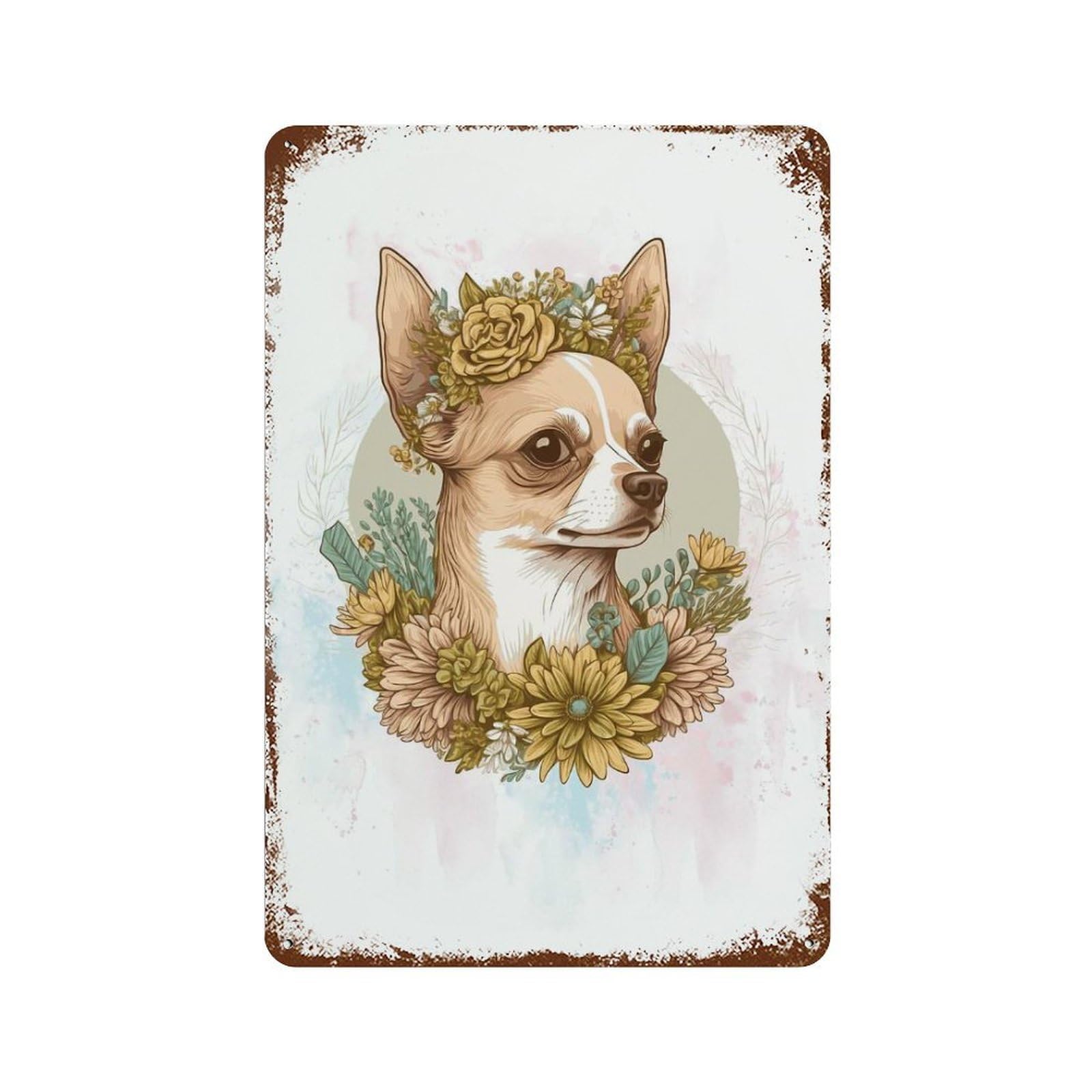 Garage Style Watercolor Chihuahua Art Aged Metal Wall Plaque 11.8"x7.9", Novelty Wall Decor for Bar And Workshop