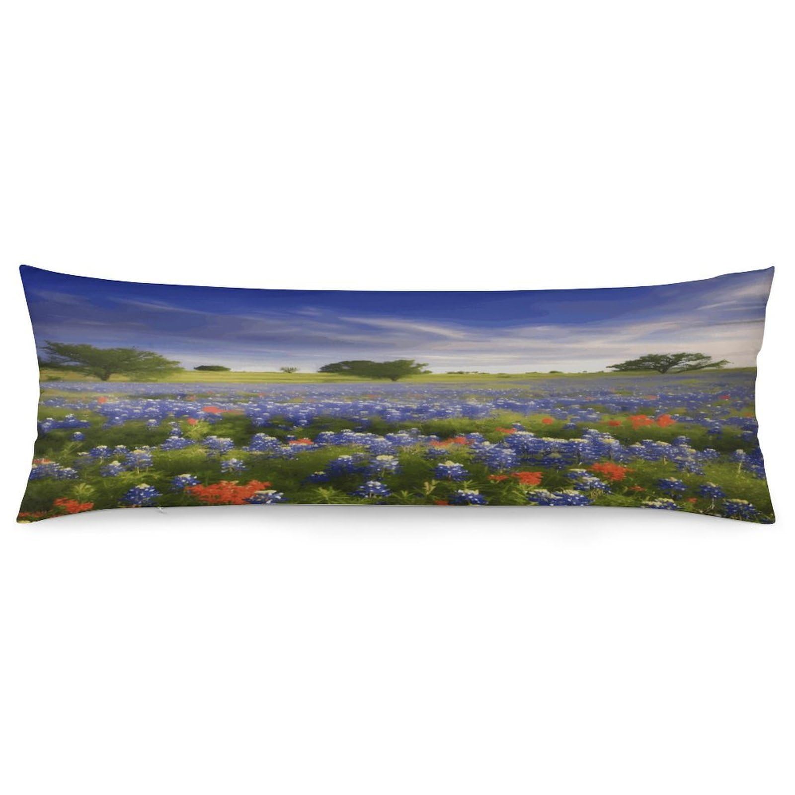 Texas Bluebonnets Scenery Pillowcase Basics Body Pillow Pillowcase with Zipper Retro Pillows Protector Long Pillow Case Cover for Hot Sleepers and Night Sweats