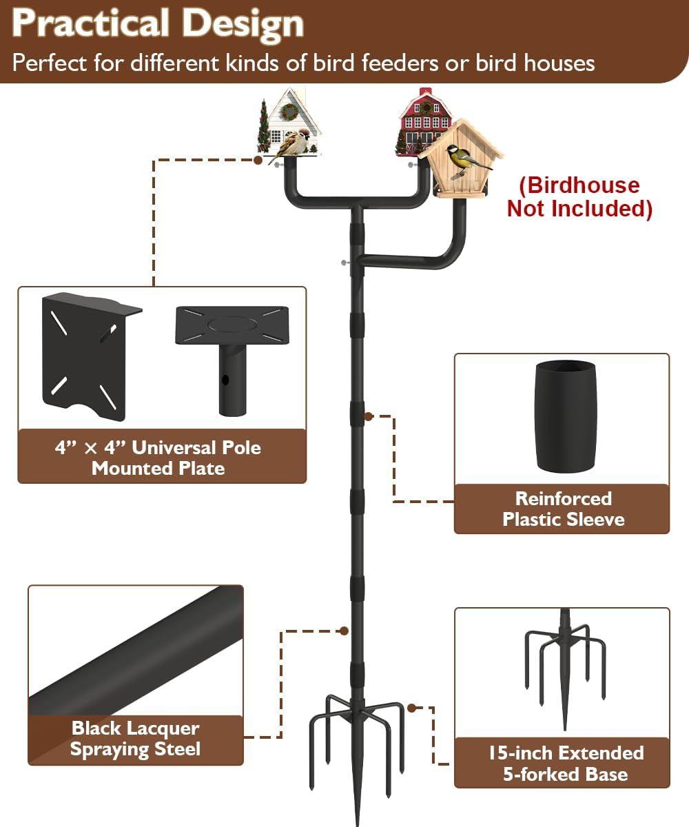 Garbuildman Upgraded Smart Bird Feeder Pole for 3 Birdhouses with Reinforced 5-Prong Base, Adjustable Birdhouse Pole for Outdoors, 3-in-1 Bird Feeder Stand Mounting Kit for Wild Birds Watching, Black