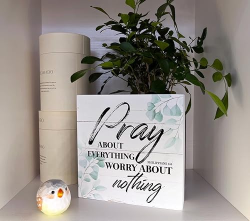 Miniatura 4 de Letrero de madera cristiana Versículo de la Biblia Filipenses 46 Orar por todo, preocuparse por nada Mesa, decoración de escritorio para el