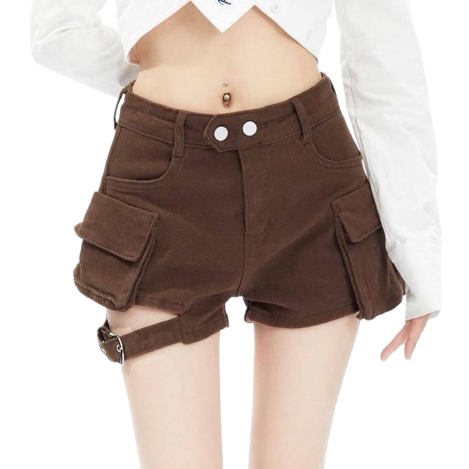 WANGSHUO Shorts di Jeans Donna Donne Alta Vita Cargo Denim Khaki Multi-Pocket Estate Casual Pantaloni Corti-Dark Brown-l