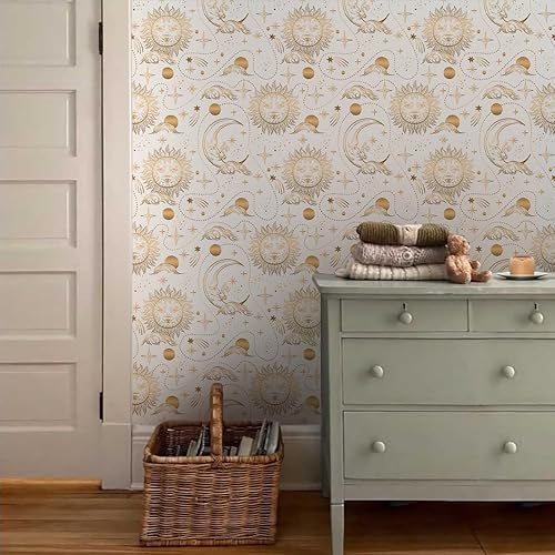 Miniatura 3 de Papel tapiz autoadhesivo de 18 x 236 pulgadas, diseño de hadas de hadas, sol, luna, estrella, dorado, autoadhesivo, extraíble, papel de contacto