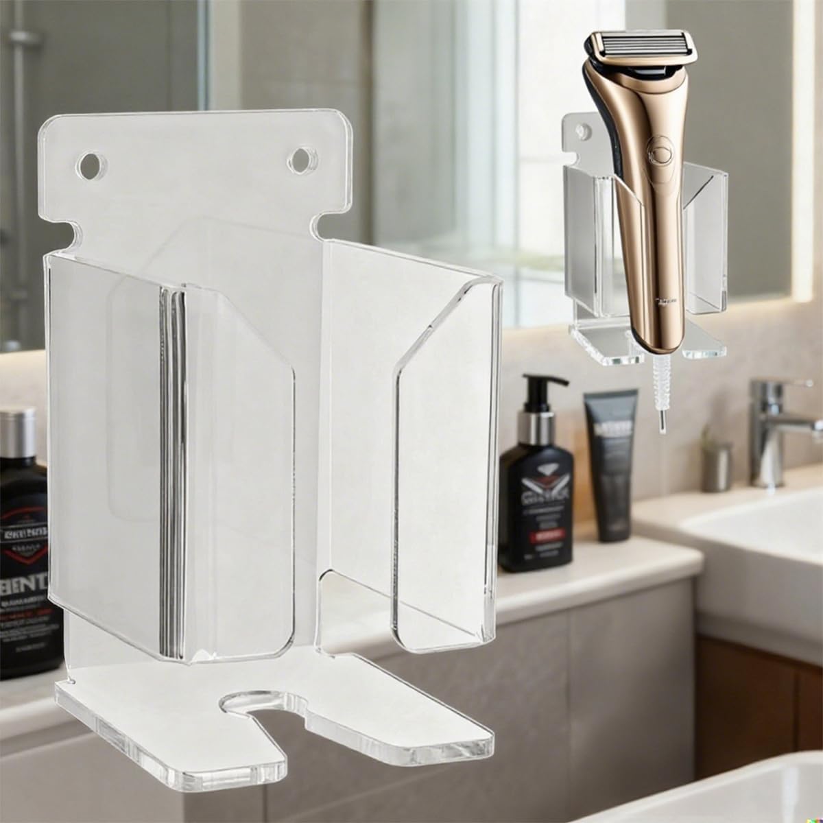 Electric Shaver Wall Stand for Bathroom, Acrylic barber Razor Holder – Easy-to-Install Organizer for Men’s/Women’s Electric Shavers (Clear)
