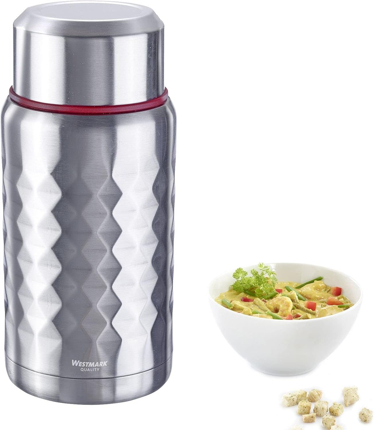 Westmark Viva 5288226S Lunch Pot, Keeps Warm for up to 9 Hours/Cold for 12 Hours, with Stainless Steel Spoon in Lid, Capacity: 750 ml, Stainless Steel/Plastic/Silicone, Viva, Silver/Red