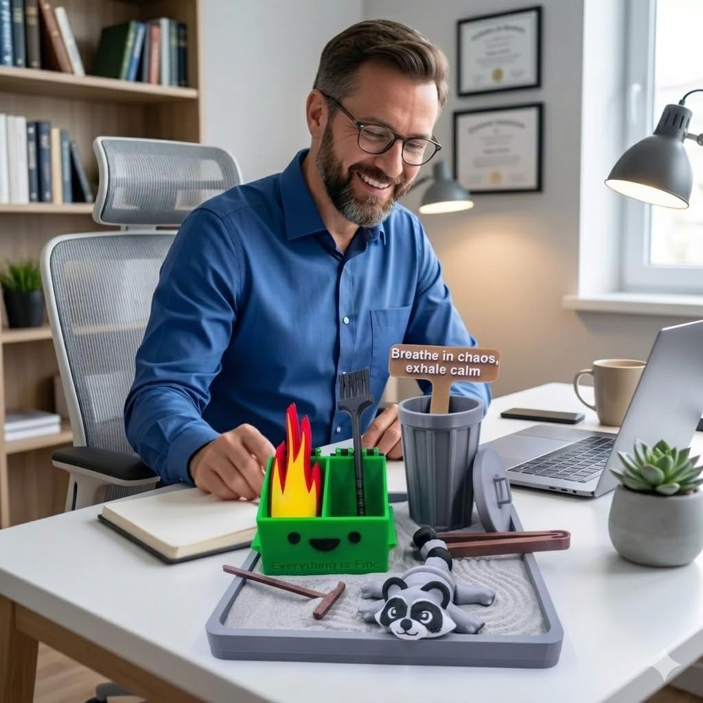 Office Dumpster Fire Zen Garden, 3D Printed Desk Novelty Stress Relief Decor, Suitable for Adults, Colleagues and Friends