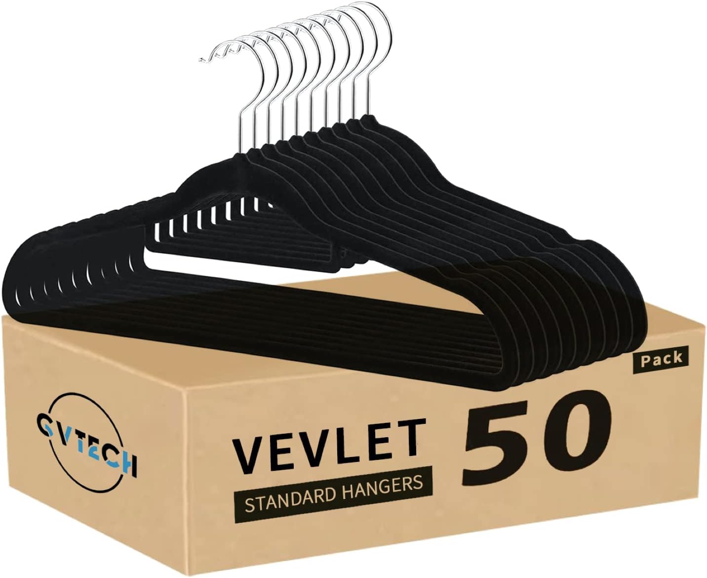 Premium Velvet Hangers, [50 Pack] Non Slip and Heavy Duty Velvet Suit Hangers (45cm) with Tie Bar, 360° Swivel Hooks, Sturdy to Hold Jumper, Pullovers, Jackets & Hoodies (50 Pack, Black)